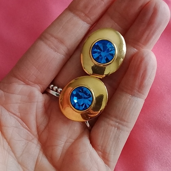 S.A.L Swarovski Signed Ravoli Blue Crystal Gold Clips Vintage - Picture 8 of 10